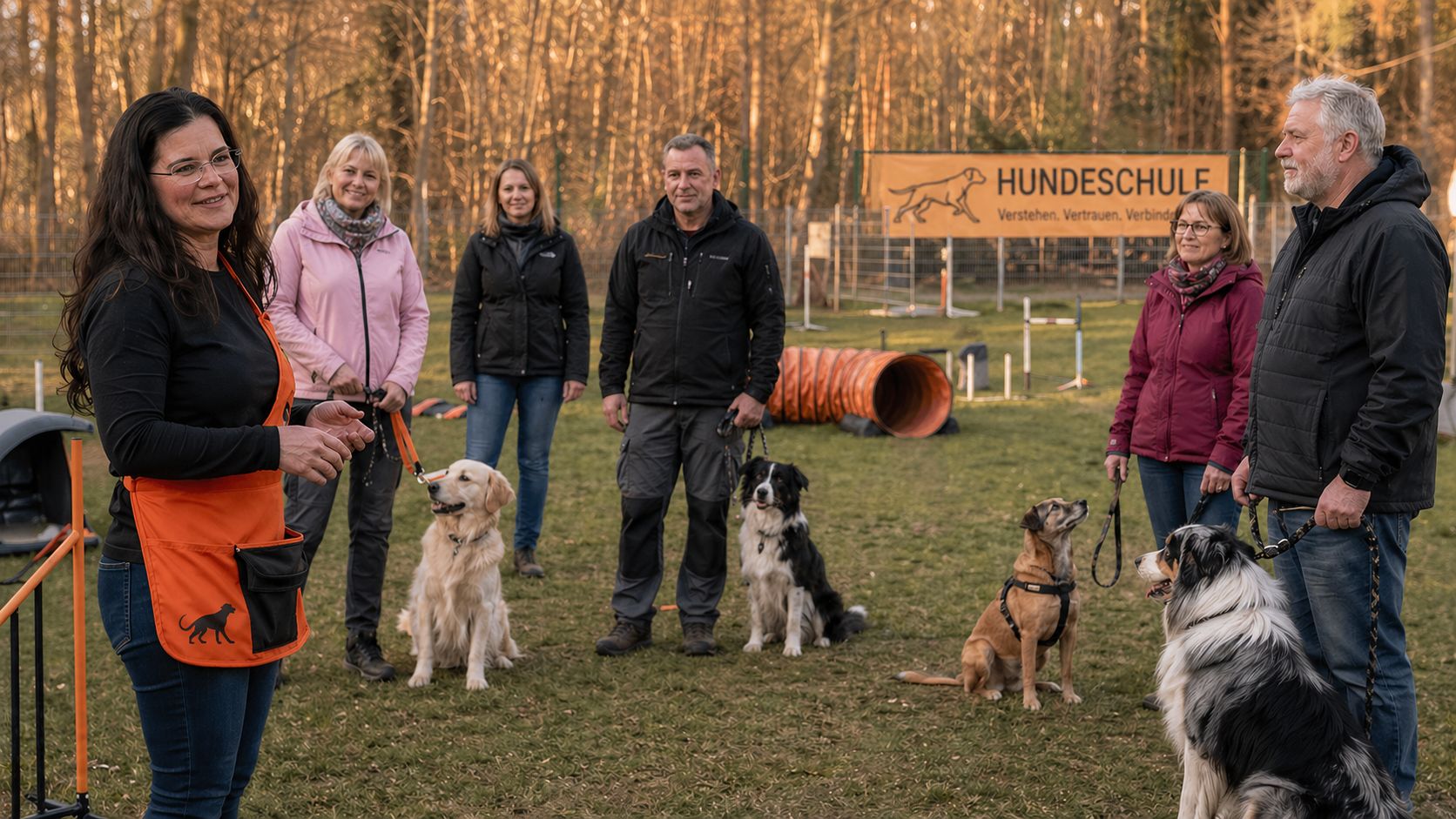 Hundeschule Sonja Schirner mit Trainingsgruppe und Hunden auf dem Hundeplatz